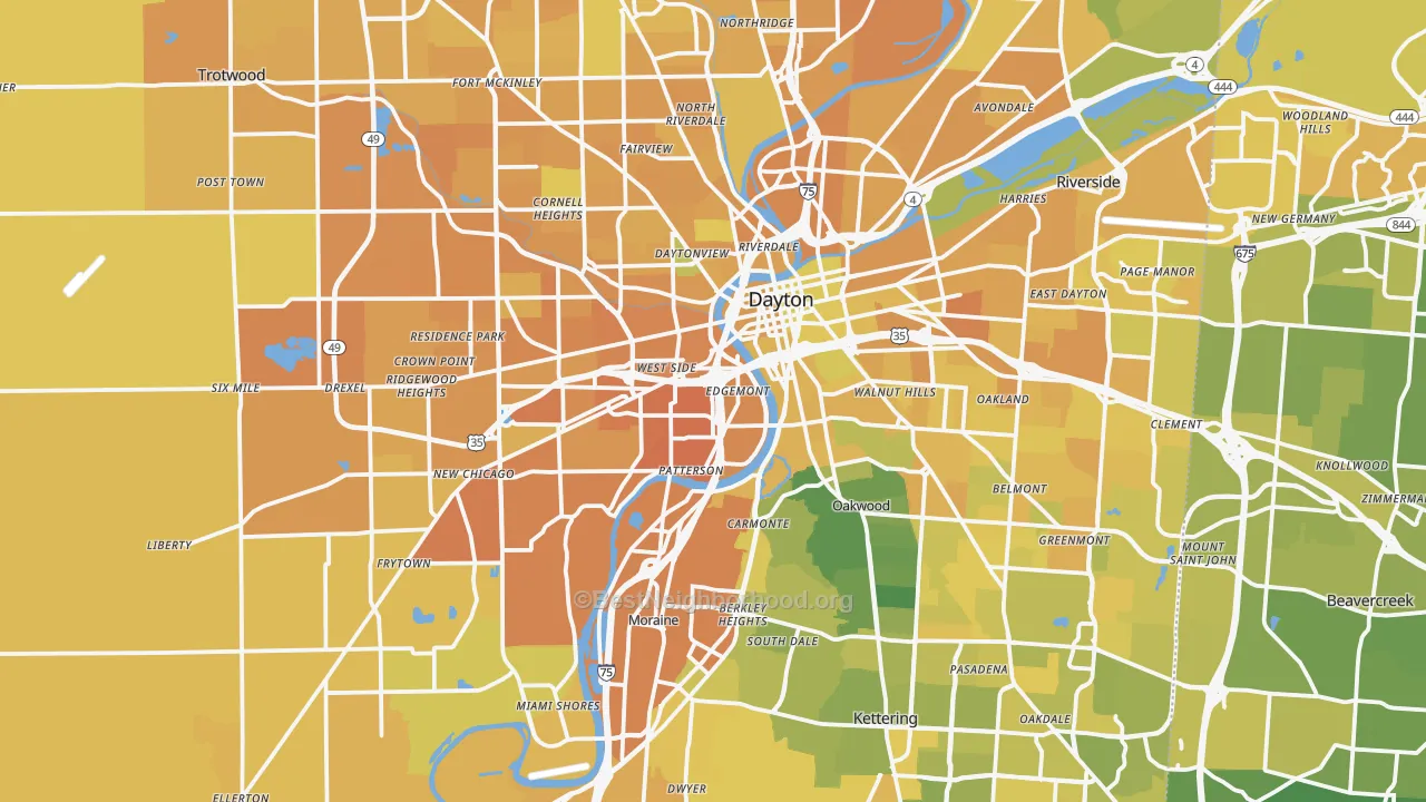 Map of the best neighborhoods in the Montgomery County area, with better matches in green and worse matches in red