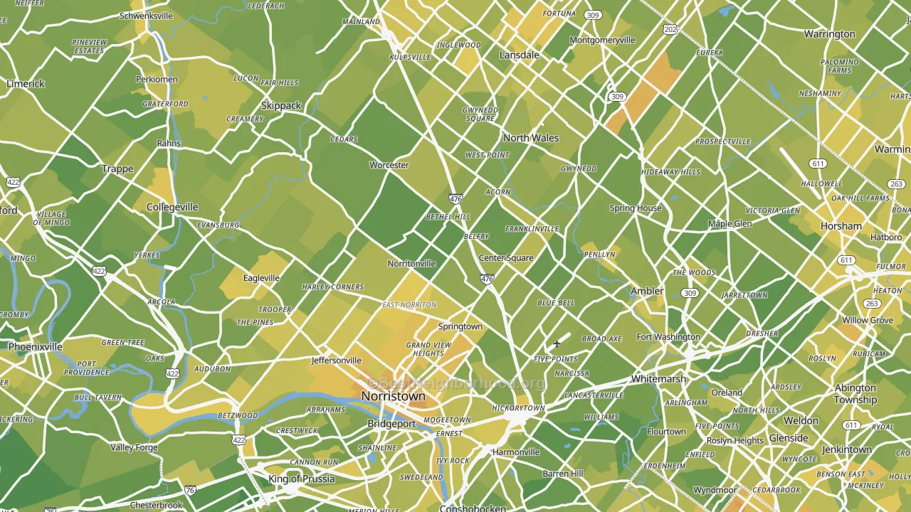 Map of the best neighborhoods in the Montgomery County area, with better matches in green and worse matches in red
