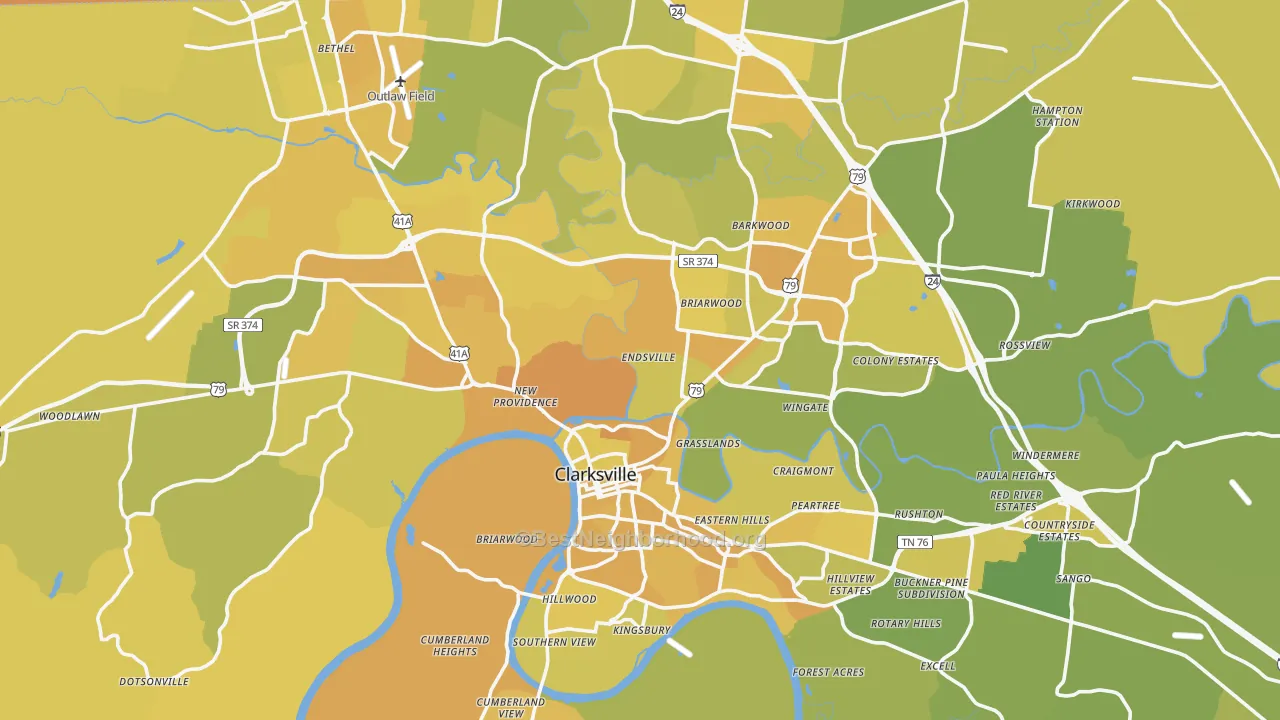 Map of the best neighborhoods in the Montgomery County area, with better matches in green and worse matches in red