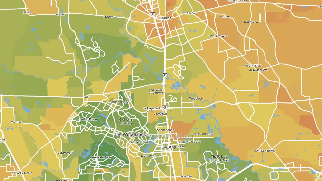 Map of the best neighborhoods in the Montgomery County area, with better matches in green and worse matches in red