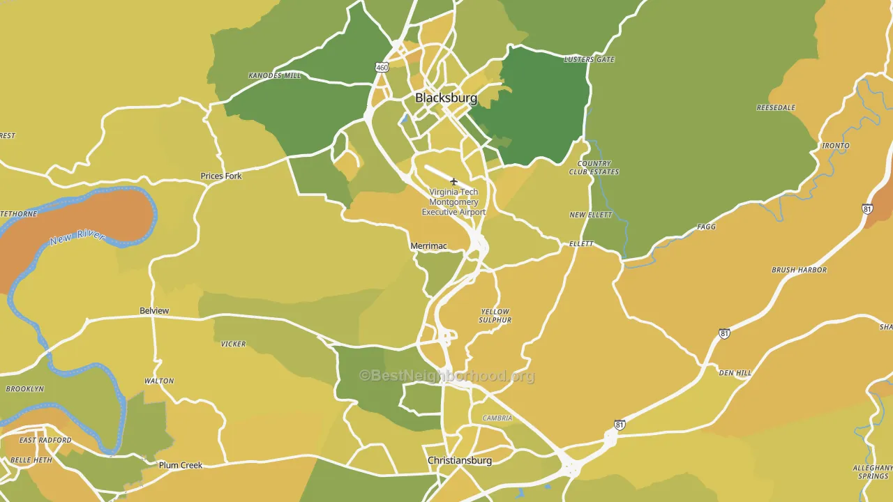 Map of the best neighborhoods in the Montgomery County area, with better matches in green and worse matches in red