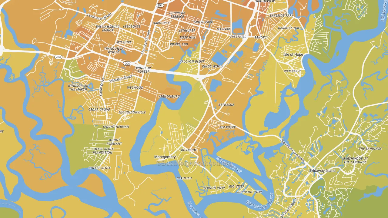 Map of the best neighborhoods in the Montgomery area, with better matches in green and worse matches in red