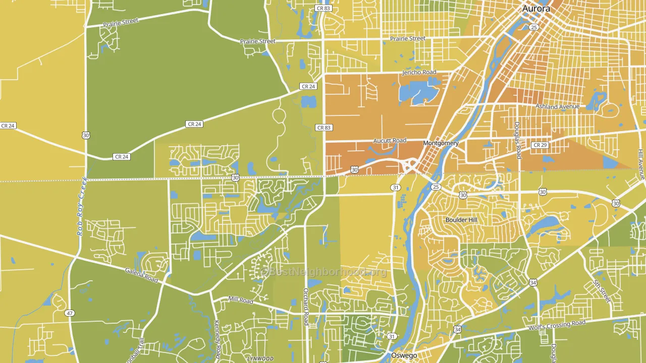 Map of the best neighborhoods in the Montgomery area, with better matches in green and worse matches in red