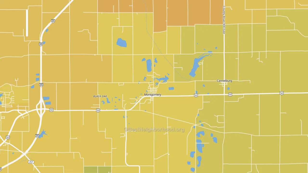 Map of the best neighborhoods in the Montgomery area, with better matches in green and worse matches in red