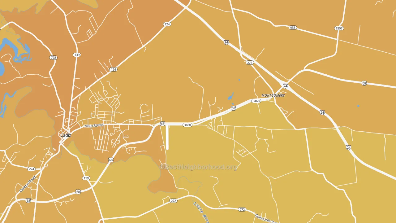 Map of the best neighborhoods in the Montgomery area, with better matches in green and worse matches in red