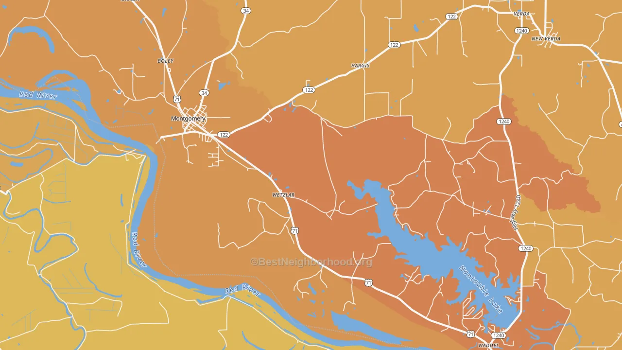 Map of the best neighborhoods in the Montgomery area, with better matches in green and worse matches in red