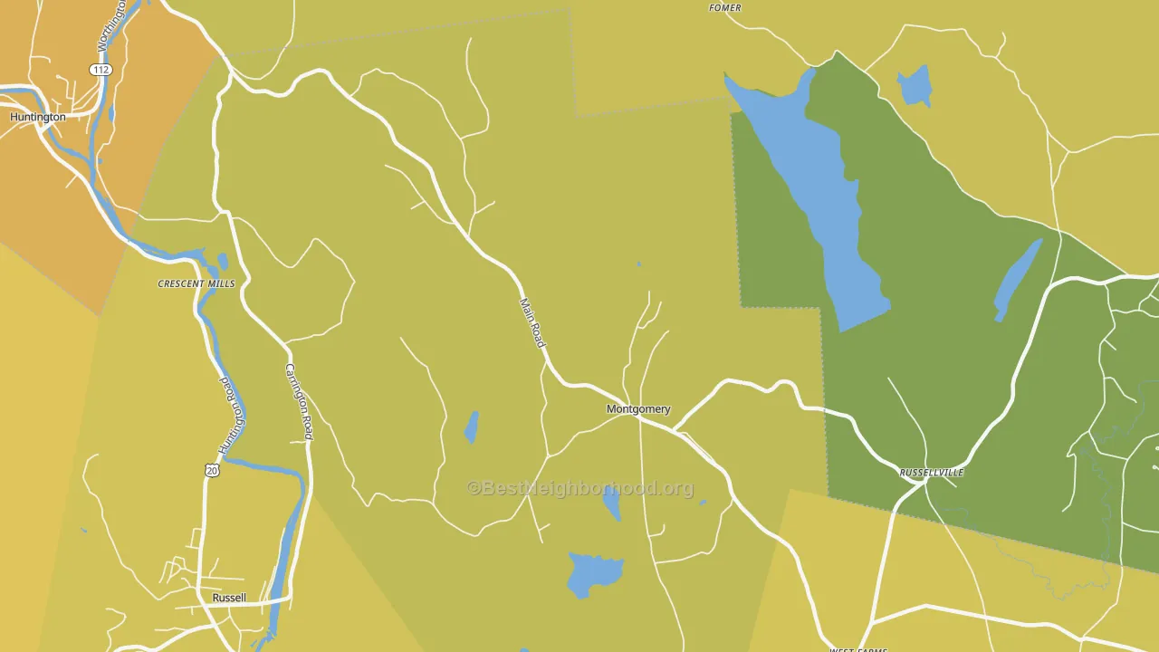 Map of the best neighborhoods in the Montgomery area, with better matches in green and worse matches in red