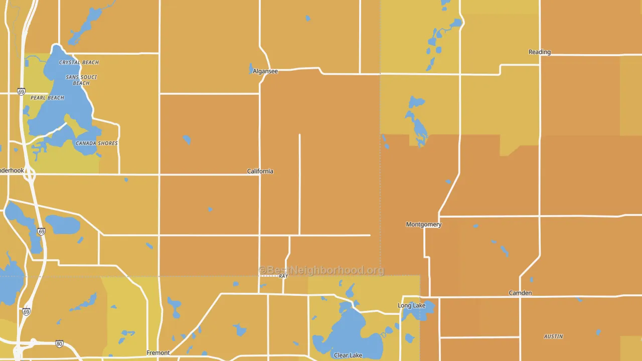 Map of the best neighborhoods in the Montgomery area, with better matches in green and worse matches in red