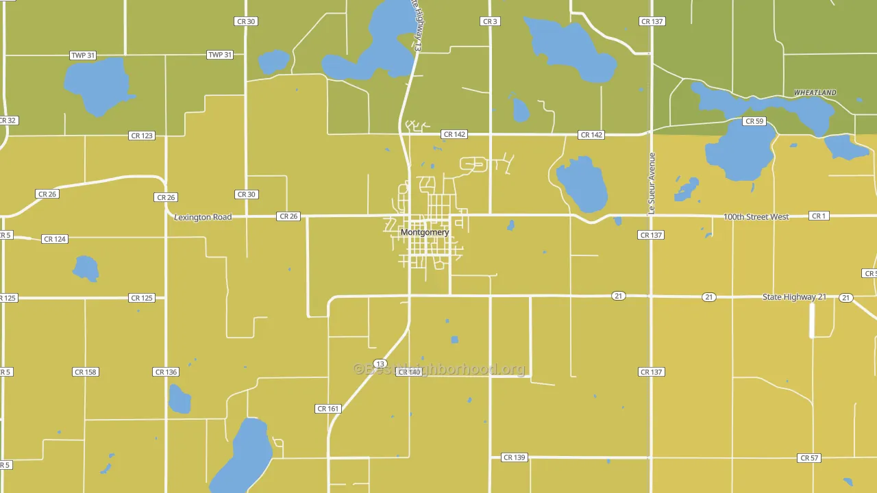Map of the best neighborhoods in the Montgomery area, with better matches in green and worse matches in red