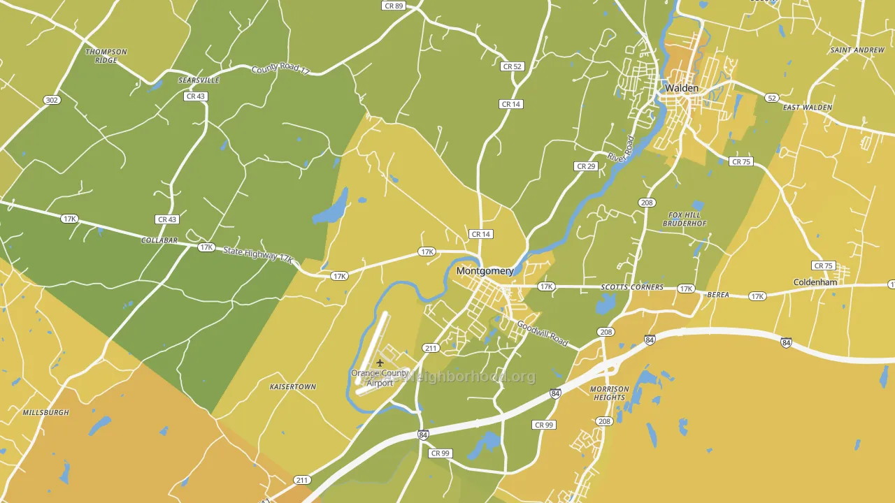Map of the best neighborhoods in the Montgomery area, with better matches in green and worse matches in red