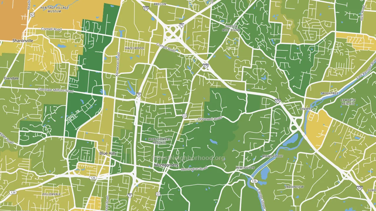 Map of the best neighborhoods in the Montgomery area, with better matches in green and worse matches in red