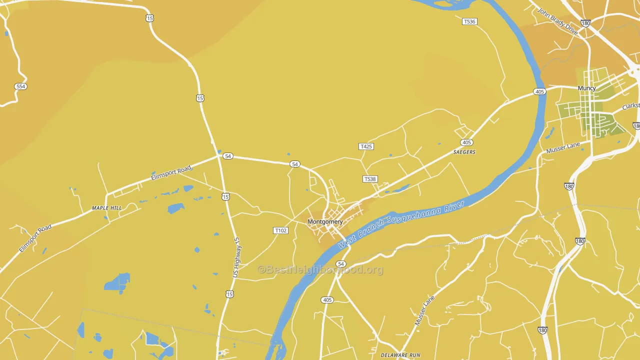 Map of the best neighborhoods in the Montgomery area, with better matches in green and worse matches in red