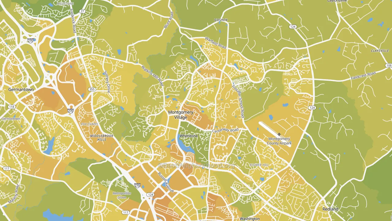 Map of the best neighborhoods in the Montgomery Village area, with better matches in green and worse matches in red