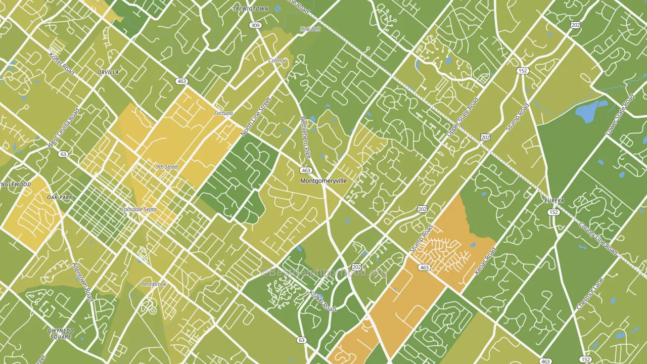 Map of the best neighborhoods in the Montgomeryville area, with better matches in green and worse matches in red