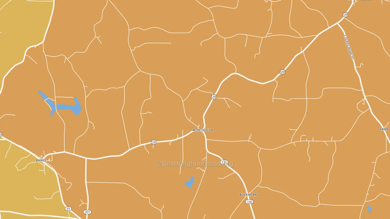 Map of the best neighborhoods in the Monticello area, with better matches in green and worse matches in red