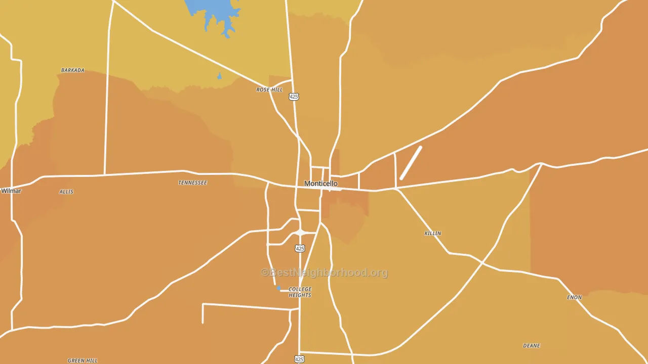 Map of the best neighborhoods in the Monticello area, with better matches in green and worse matches in red