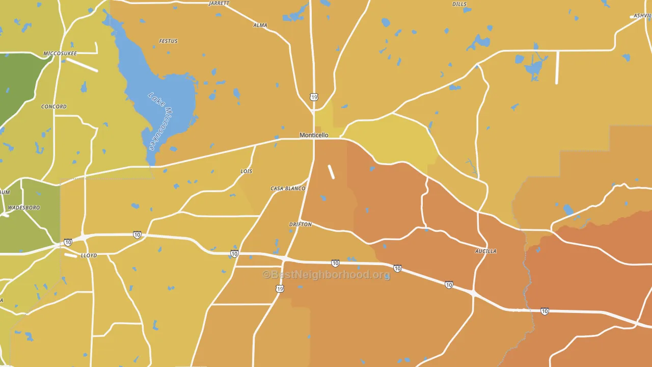 Map of the best neighborhoods in the Monticello area, with better matches in green and worse matches in red