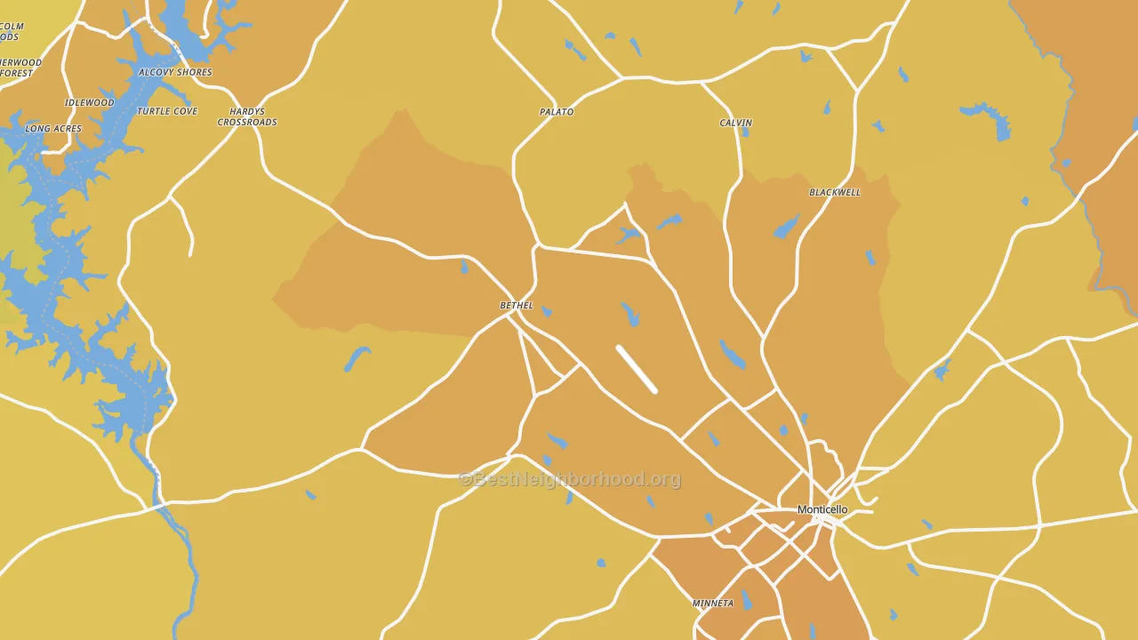 Map of the best neighborhoods in the Monticello area, with better matches in green and worse matches in red