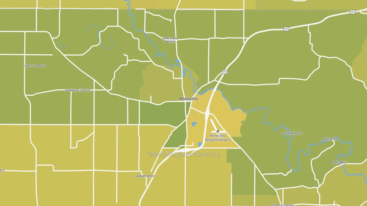 Map of the best neighborhoods in the Monticello area, with better matches in green and worse matches in red