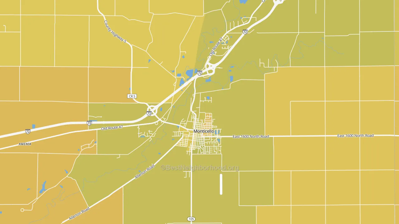 Map of the best neighborhoods in the Monticello area, with better matches in green and worse matches in red