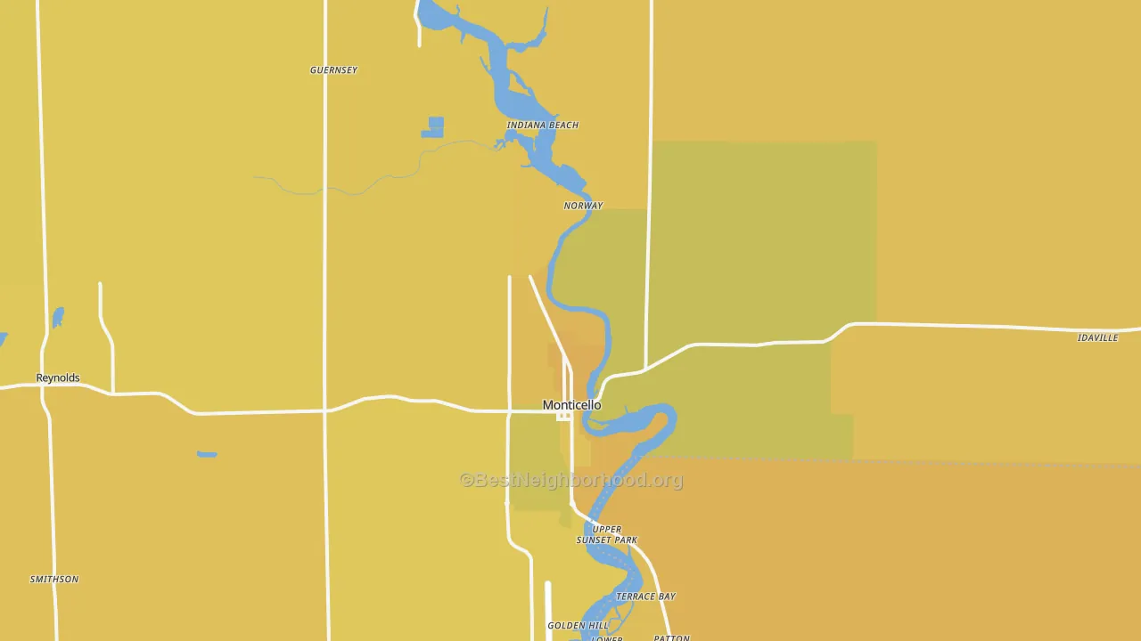 Map of the best neighborhoods in the Monticello area, with better matches in green and worse matches in red