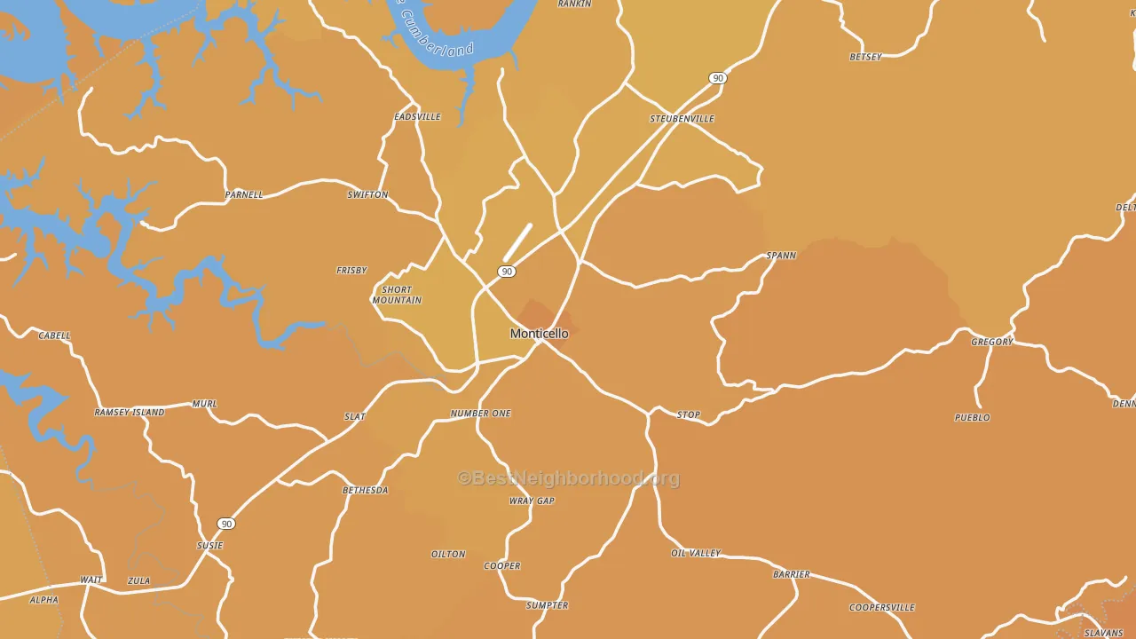 Map of the best neighborhoods in the Monticello area, with better matches in green and worse matches in red