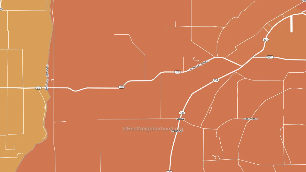 Map of the best neighborhoods in the Monticello area, with better matches in green and worse matches in red
