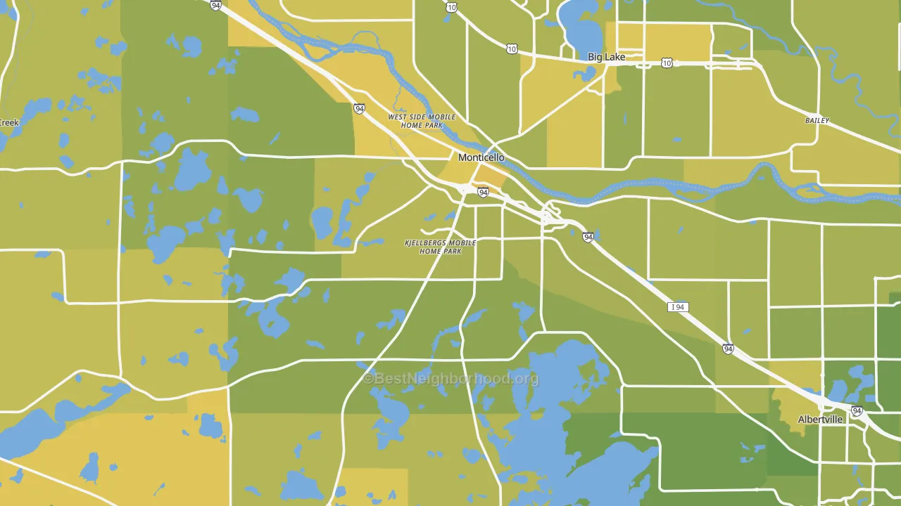 Map of the best neighborhoods in the Monticello area, with better matches in green and worse matches in red