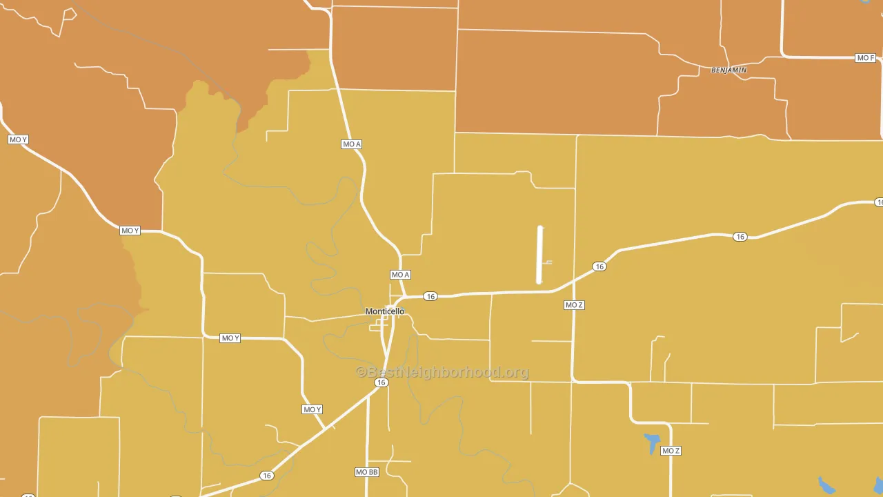 Map of the best neighborhoods in the Monticello area, with better matches in green and worse matches in red