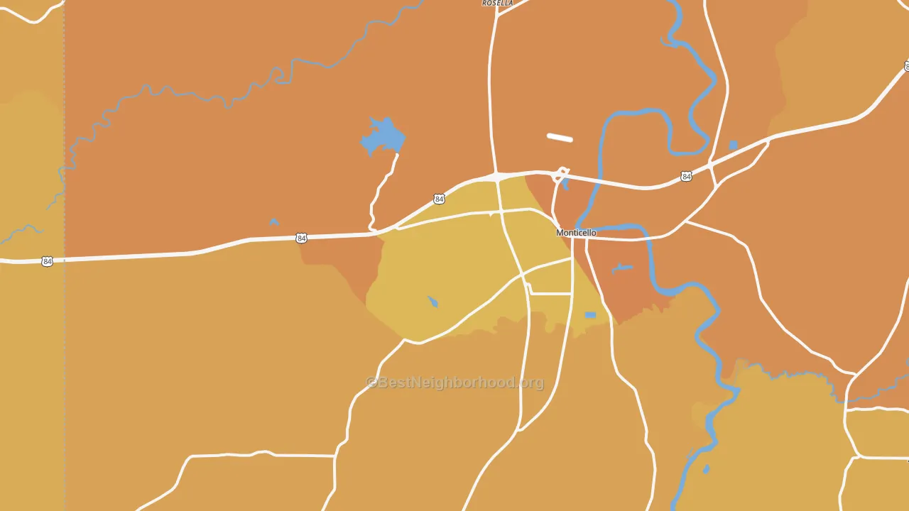 Map of the best neighborhoods in the Monticello area, with better matches in green and worse matches in red