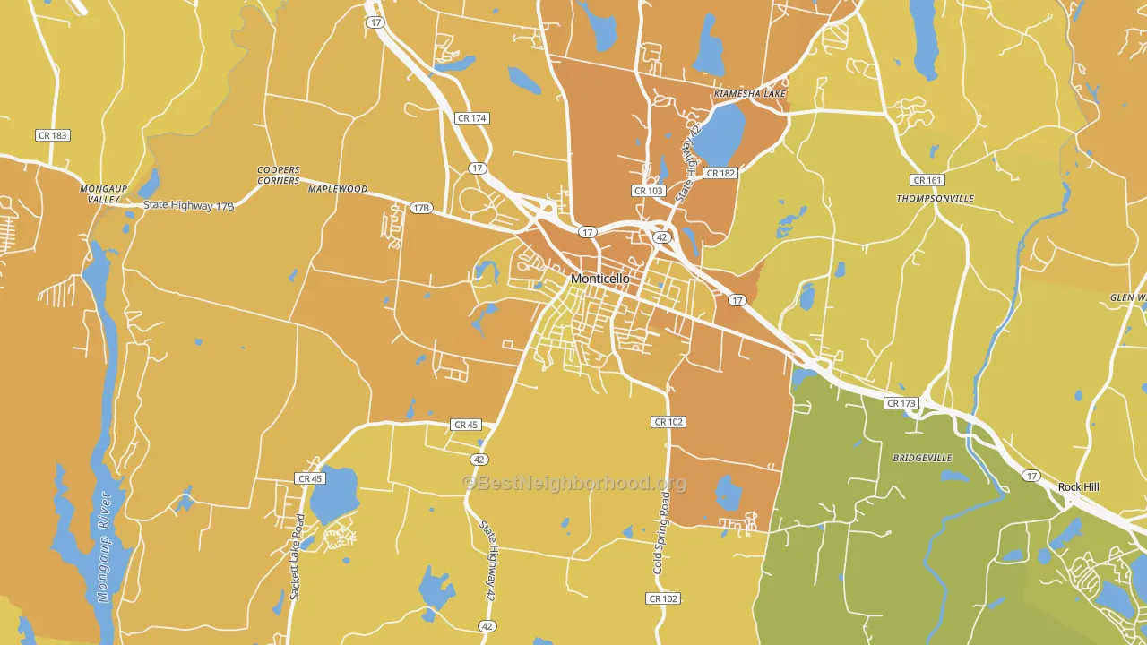 Map of the best neighborhoods in the Monticello area, with better matches in green and worse matches in red