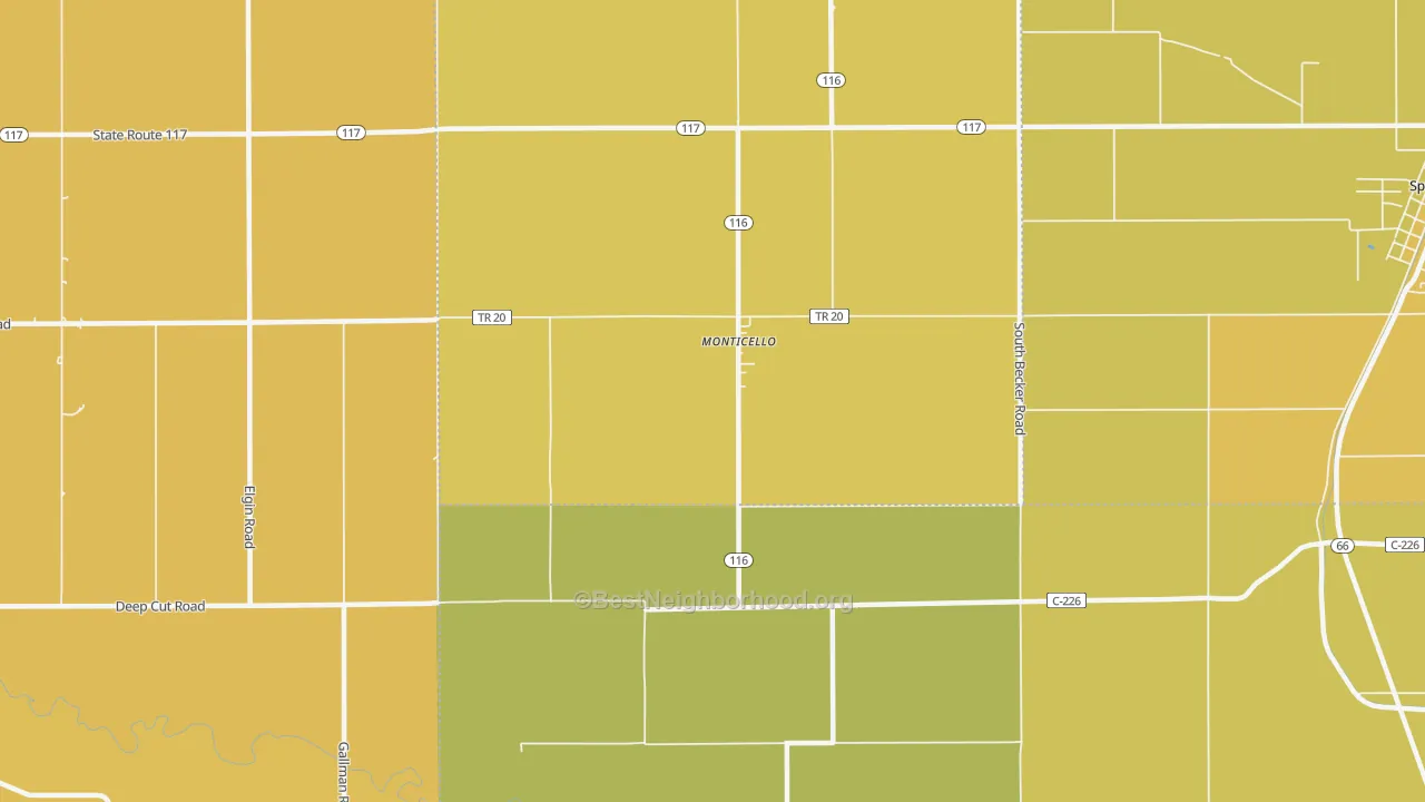 Map of the best neighborhoods in the Monticello area, with better matches in green and worse matches in red