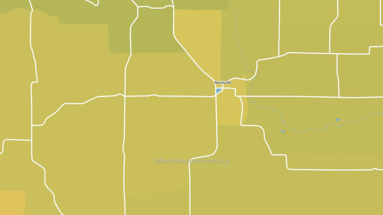 Map of the best neighborhoods in the Monticello area, with better matches in green and worse matches in red