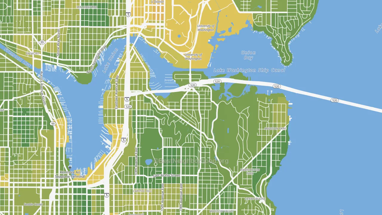 Map of the best neighborhoods in the Montlake, Seattle area, with better matches in green and worse matches in red
