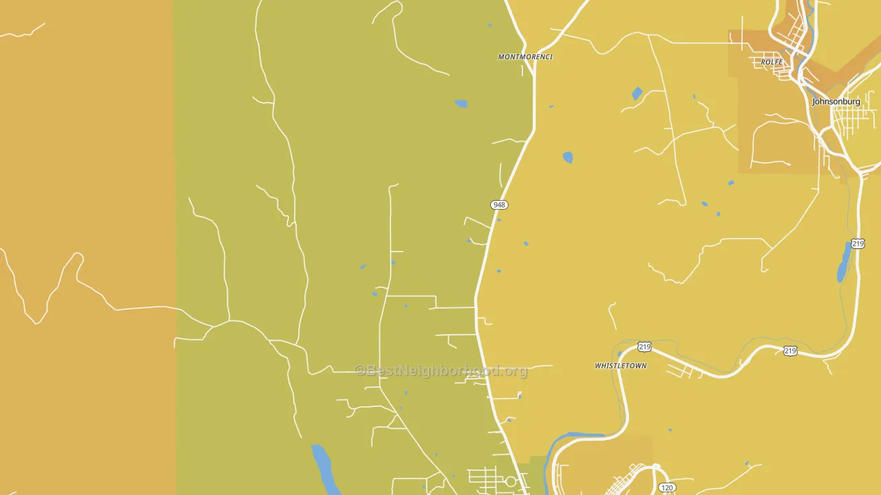 Map of the best neighborhoods in the Montmorenci area, with better matches in green and worse matches in red