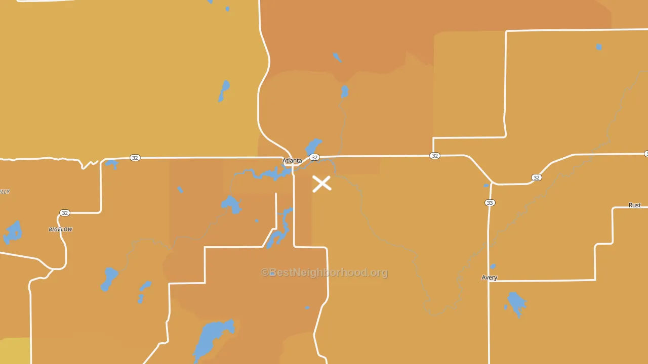 Map of the best neighborhoods in the Montmorency County area, with better matches in green and worse matches in red