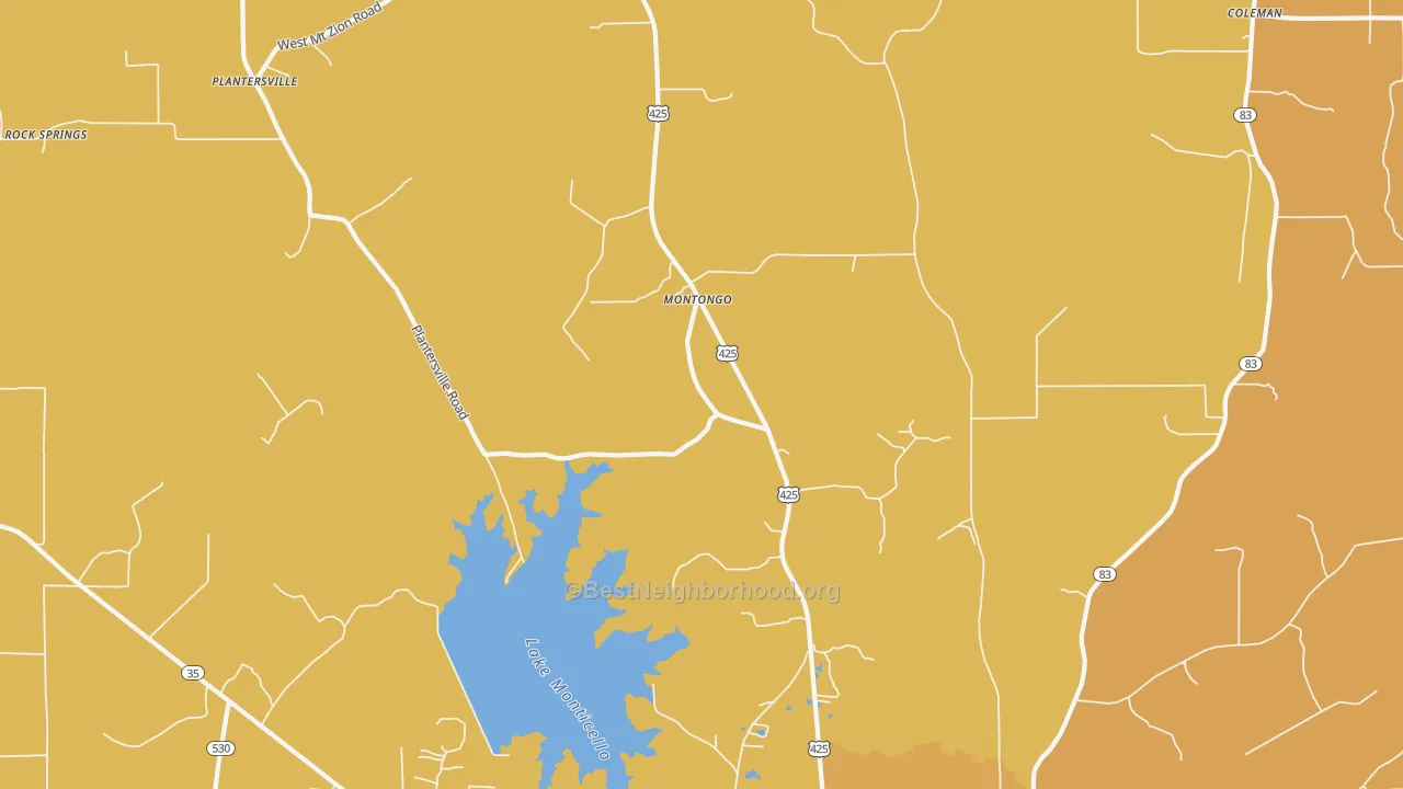Map of the best neighborhoods in the Montongo area, with better matches in green and worse matches in red