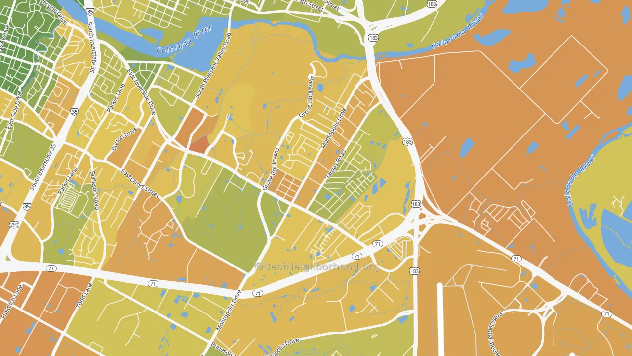 Map of the best neighborhoods in the Montopolis, Austin area, with better matches in green and worse matches in red