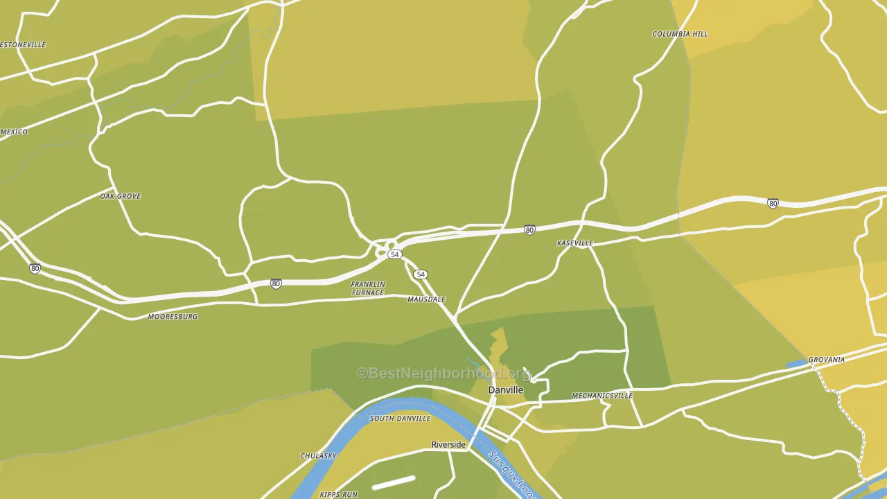 Map of the best neighborhoods in the Montour County area, with better matches in green and worse matches in red