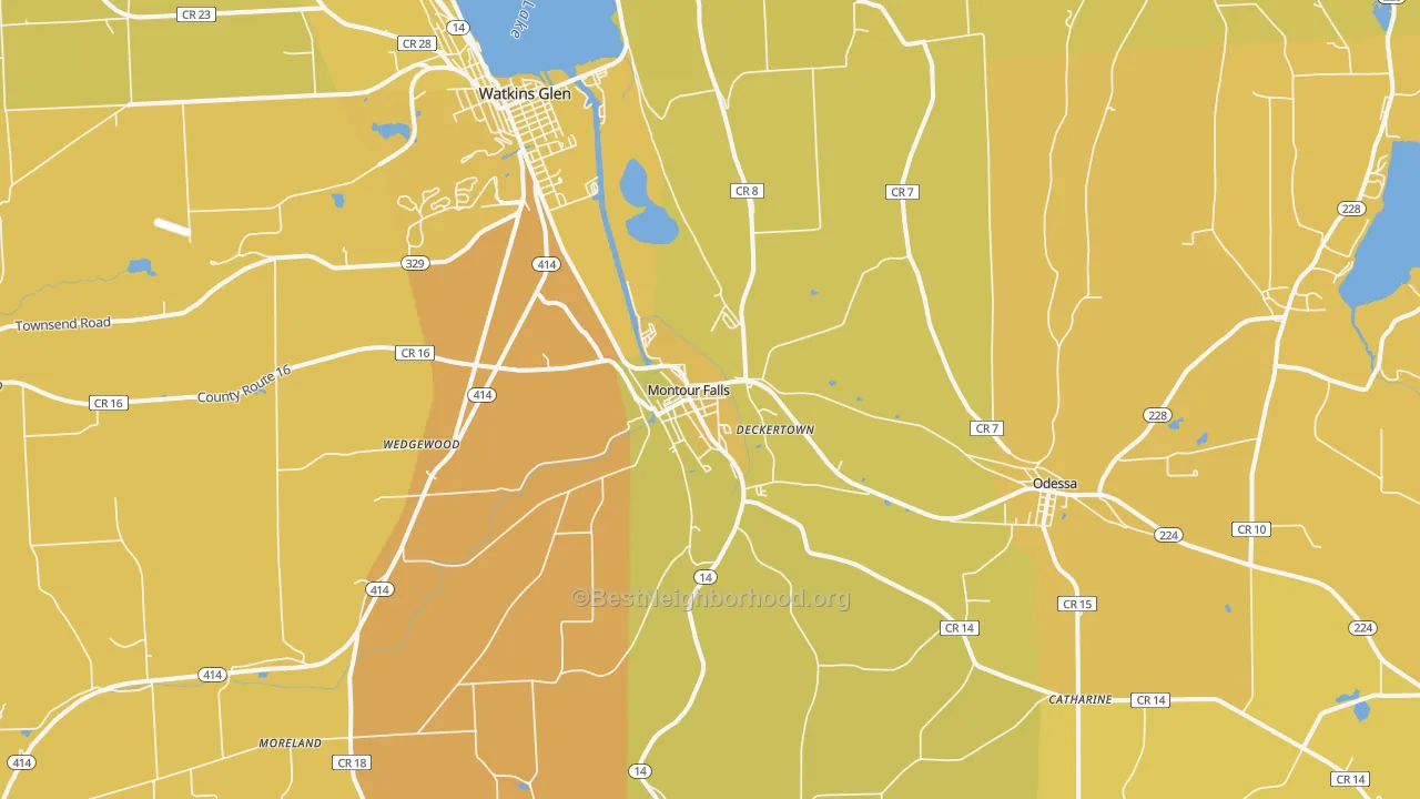 Map of the best neighborhoods in the Montour Falls area, with better matches in green and worse matches in red