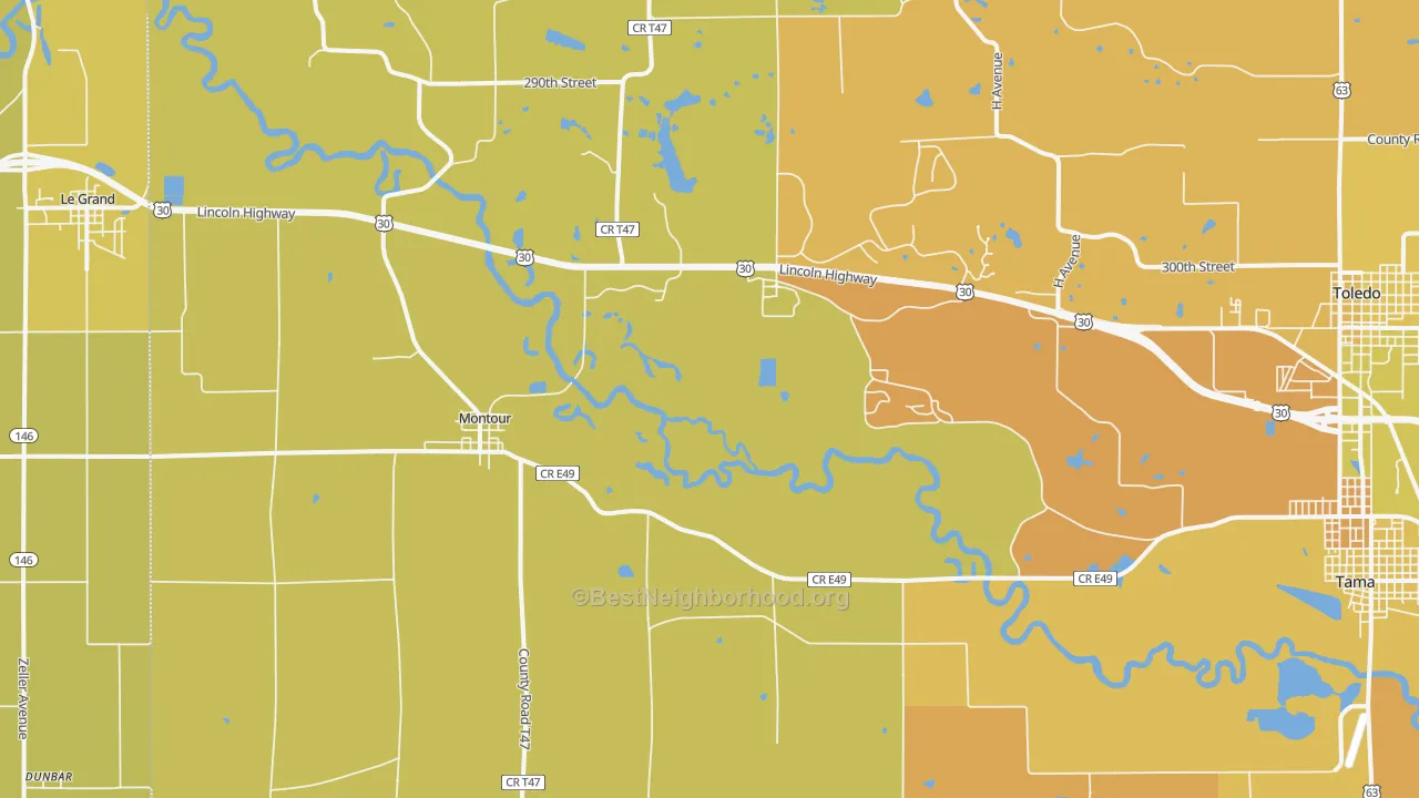 Map of the best neighborhoods in the Montour area, with better matches in green and worse matches in red