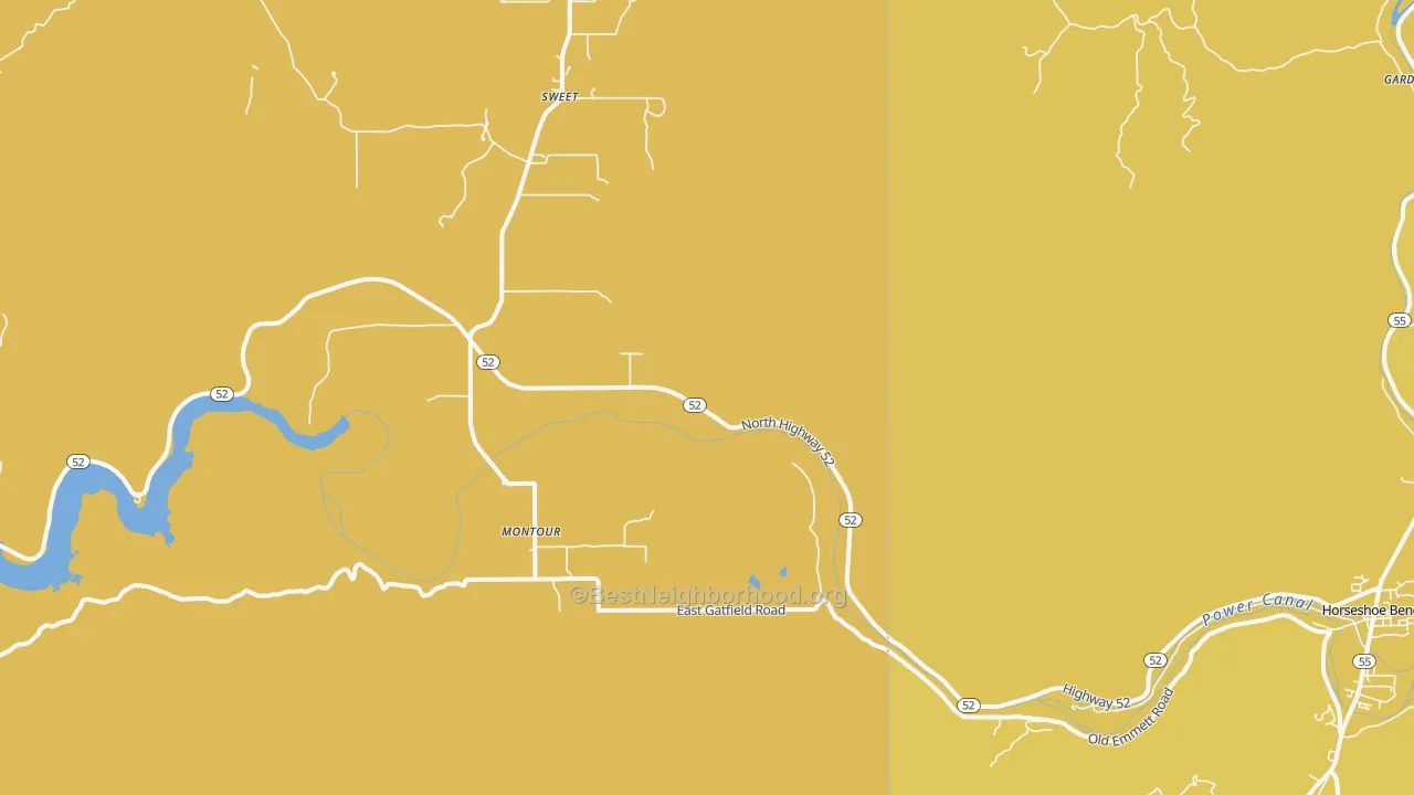 Map of the best neighborhoods in the Montour area, with better matches in green and worse matches in red