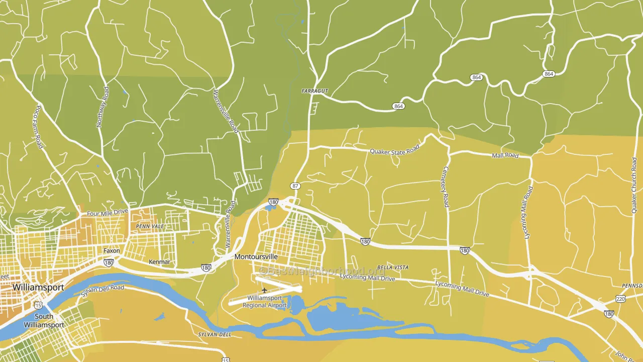 Map of the best neighborhoods in the Montoursville area, with better matches in green and worse matches in red