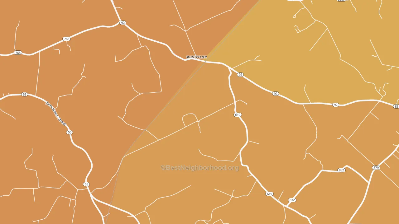 Map of the best neighborhoods in the Montpelier area, with better matches in green and worse matches in red