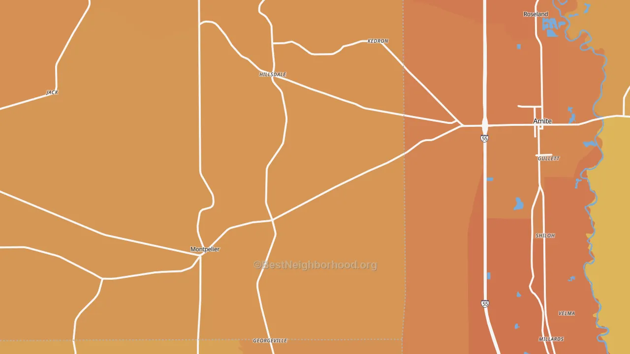 Map of the best neighborhoods in the Montpelier area, with better matches in green and worse matches in red