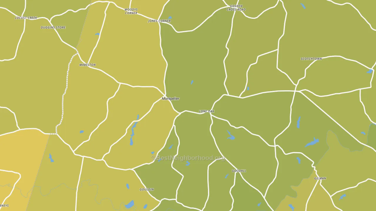 Map of the best neighborhoods in the Montpelier area, with better matches in green and worse matches in red