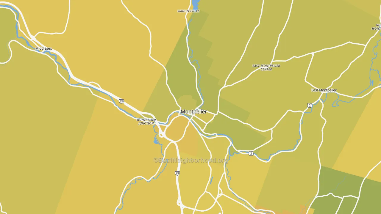 Map of the best neighborhoods in the Montpelier area, with better matches in green and worse matches in red