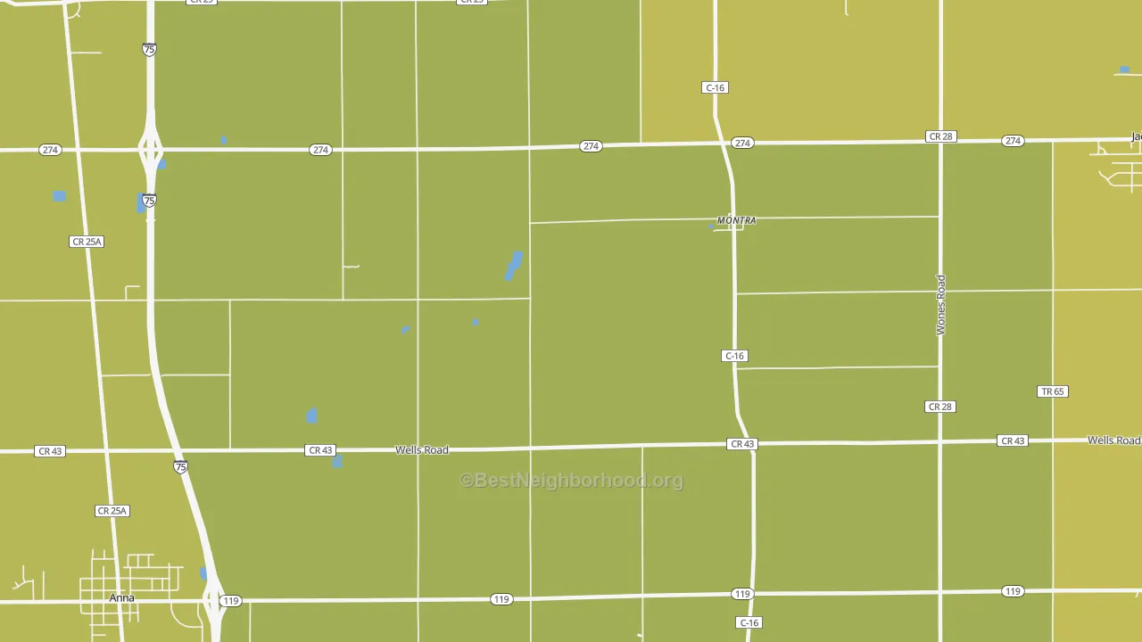 Map of the best neighborhoods in the Montra area, with better matches in green and worse matches in red