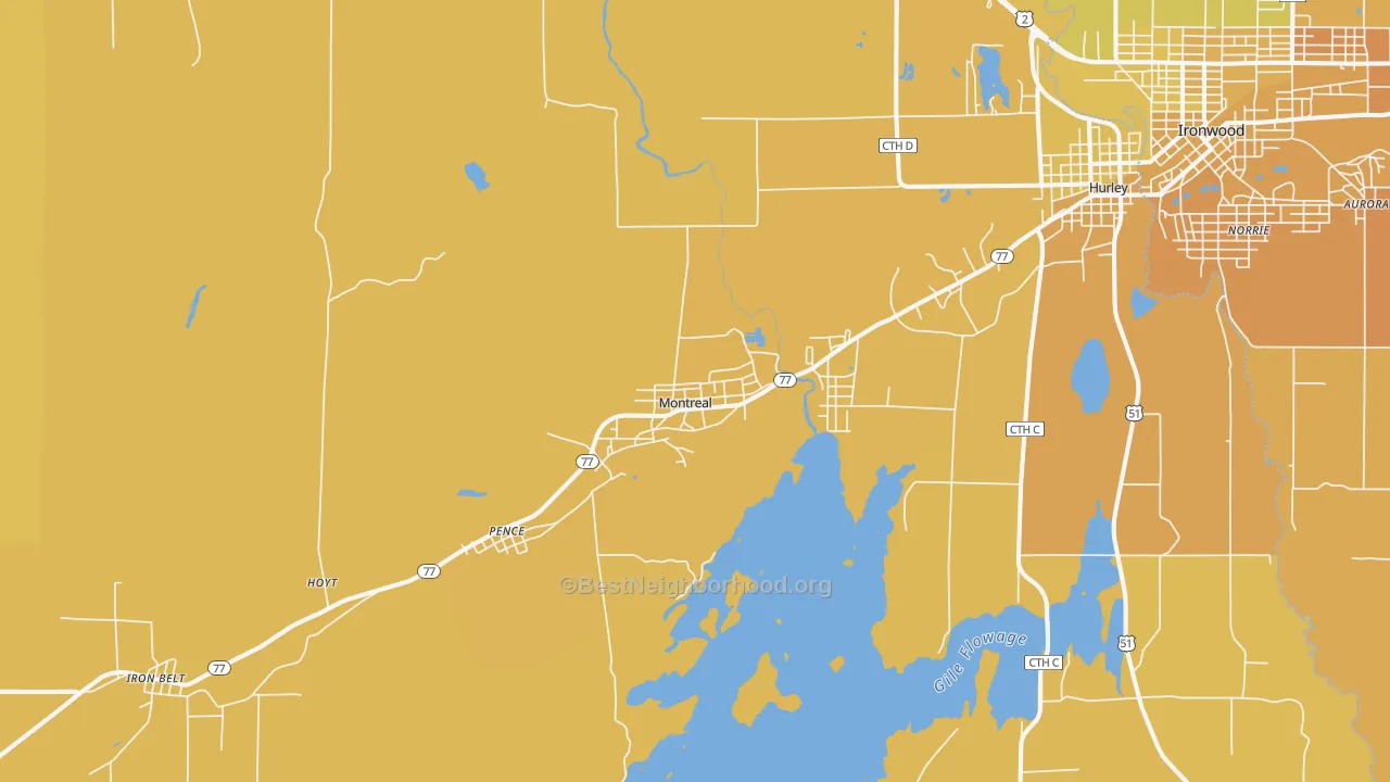 Map of the best neighborhoods in the Montreal area, with better matches in green and worse matches in red