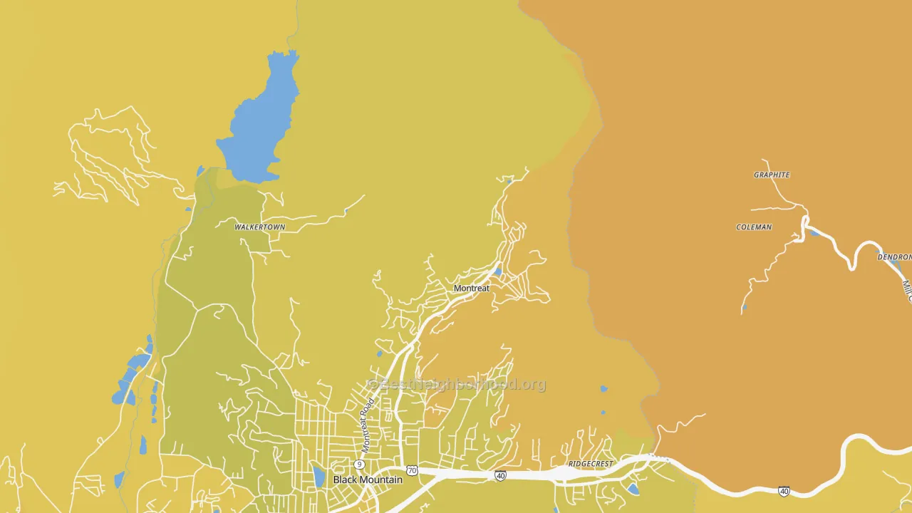 Map of the best neighborhoods in the Montreat area, with better matches in green and worse matches in red